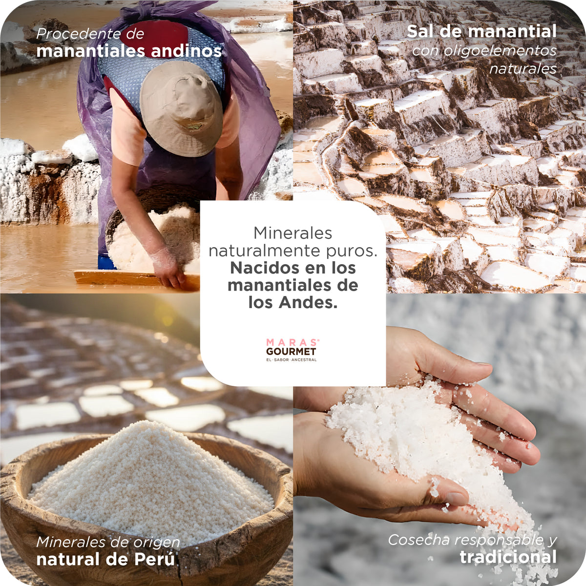 Sal de Maras cosechada a mano en las salineras de manantial de Cusco