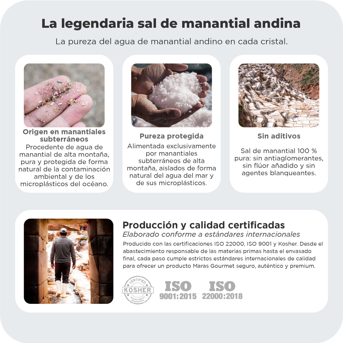 Sal de manantial andina sin aditivos con certificación ISO y Kosher