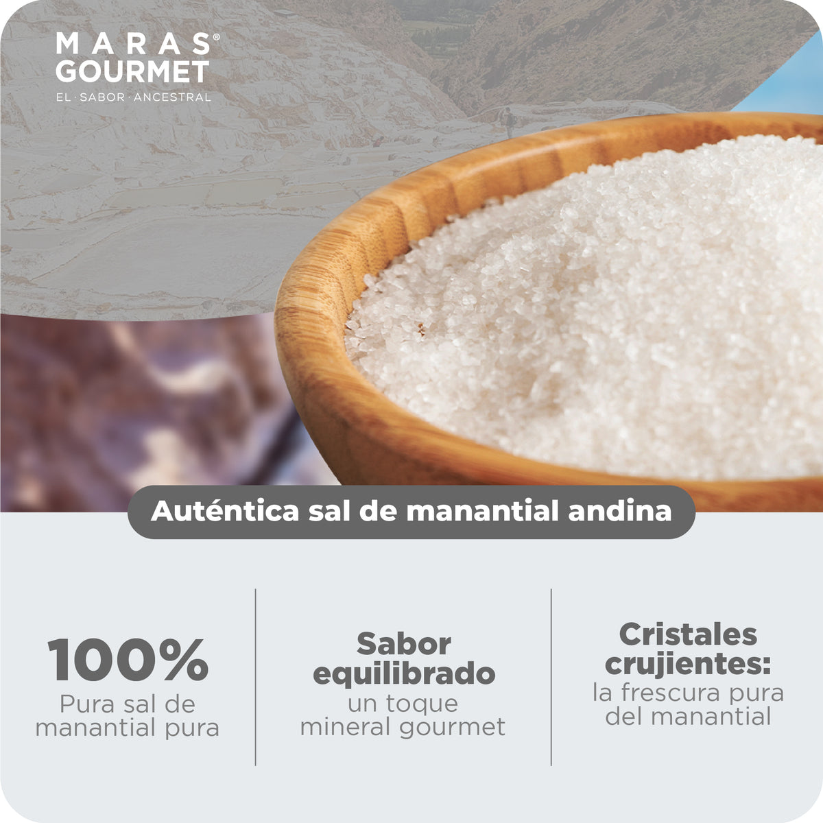 Auténtica sal de manantial andina Maras Gourmet en bowl de madera